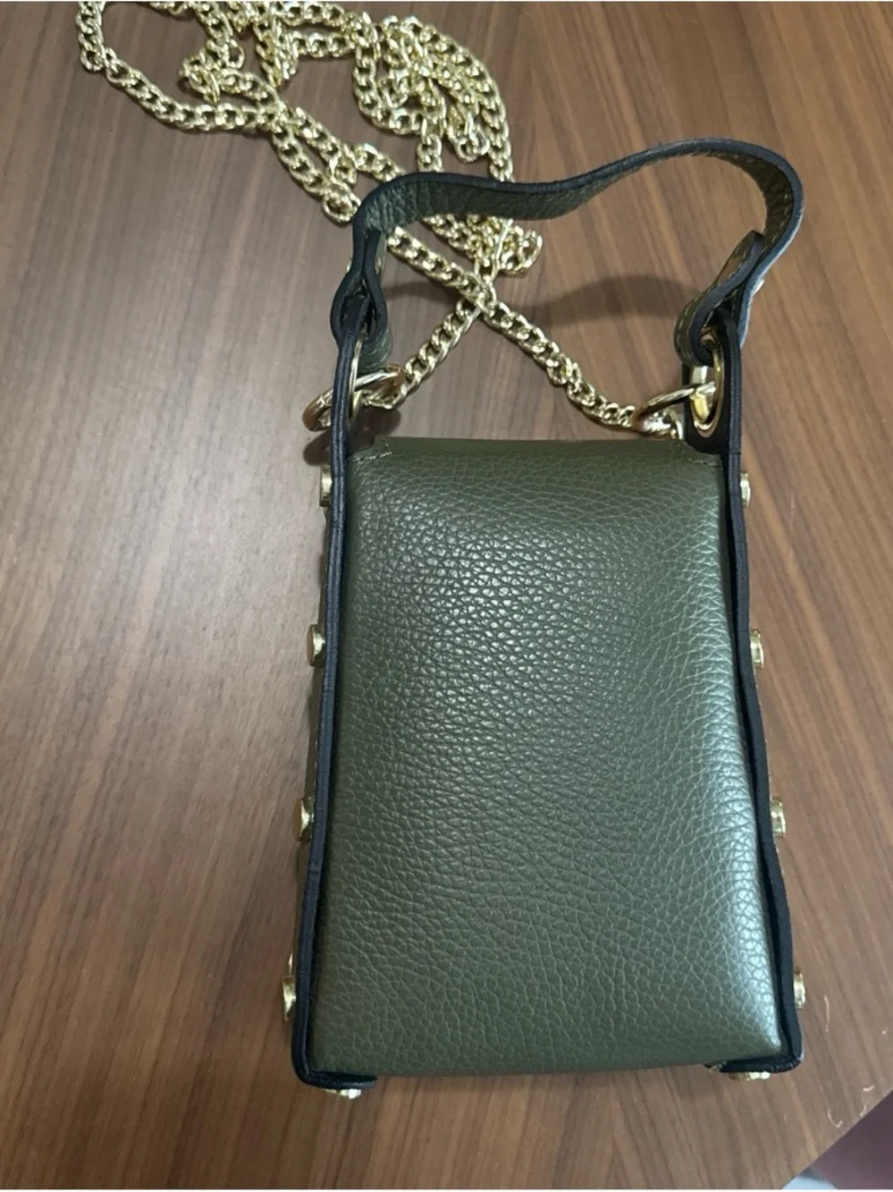 Olive Green Bee-Embellished Leather Crossbody Phone Bag